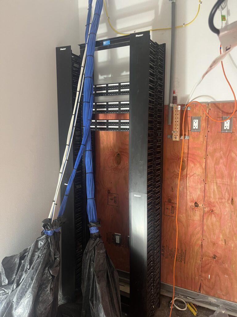 Low voltage structured wiring and network equipment setup.